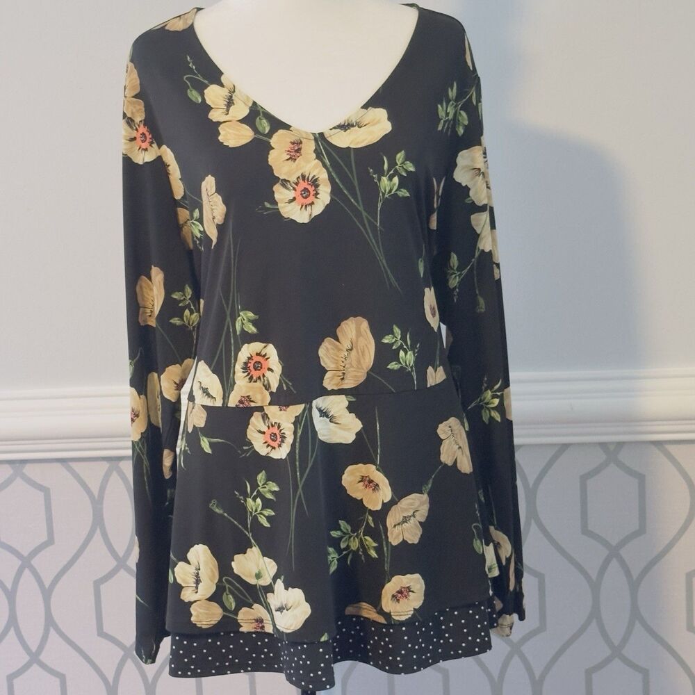 Susan Graver 1X Long Sleeve Belted Pullover Blouse Top Black Floral Polka Dot